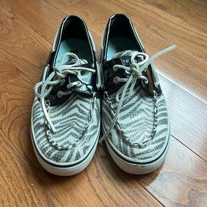 Sperry zebra sequin boat shoes with black patent leather